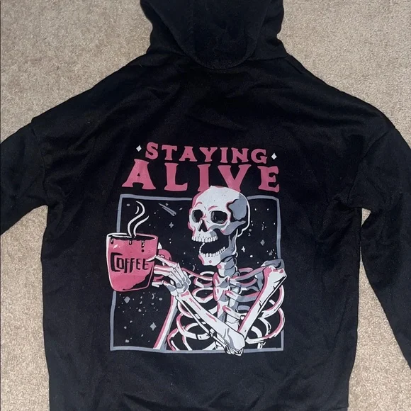 Black Hoodie - Staying Alive Skull W/ Coffee - Picture 1 of 4